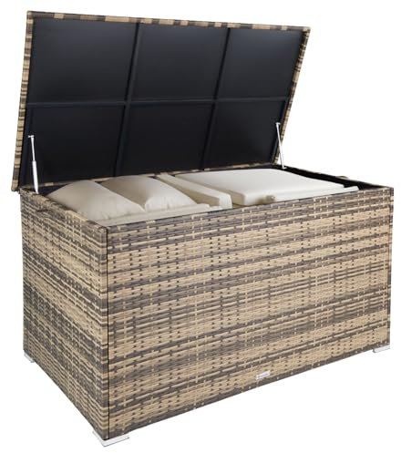 TecTake® Box Contenitore da Esterno 750L, Mobile da Giardino con Intreccio in Polyrattan, Telaio in Alluminio, Coperchio Rinforzato, Resistente ai Raggi UV, 145 x 82,5 x 79,5 cm - Naturale