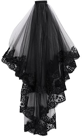 Voile de mariée en dentelle noire cathédrale Halloween avec peigne voile noir tulle doux court bord brodé longueur du coude femmes soirée bal costume