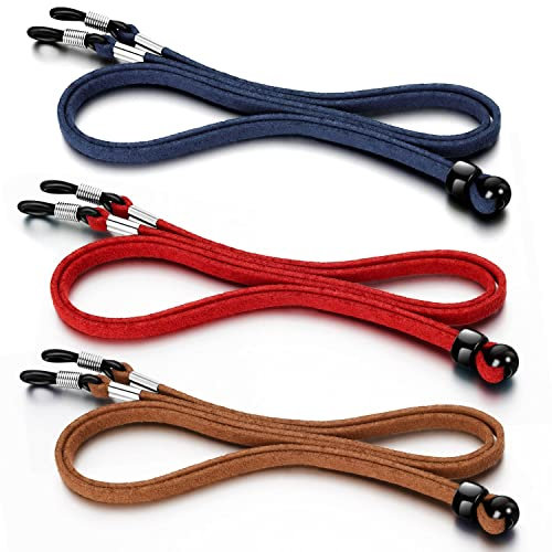 TYPHEERX 3Pcs Eyeglasses Straps Chain PU Leather Spectacles Cord Retainer Lanyard, Brown Red Dark Blue