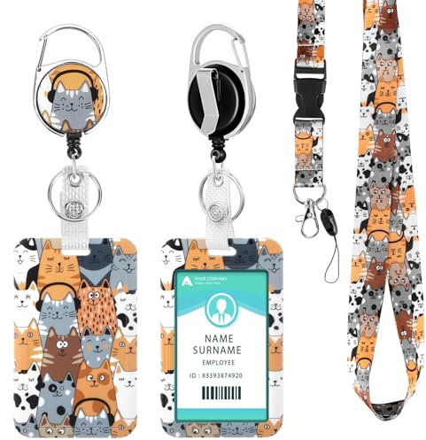 DUOUPA Ausweishülle mit Band, Ausziehbarer Schlüsselanhänger Badge Holder, Schlüsselband mit Karabiner für Frauen, Lehrer, Krankenschwester, Doktor, Student(Lustige Katze)