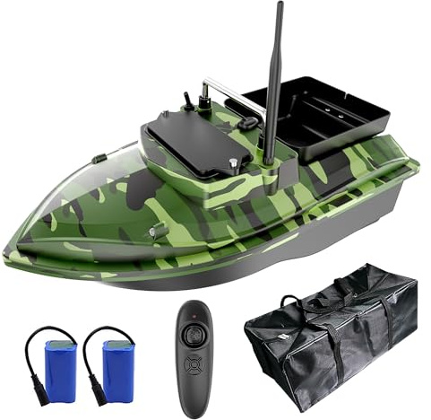 HEVMEVENI Bateaux d'appât pour pêche à la carpe – Bateau d'appât de pêche RC 2 kg avec batteries de rechange Sac pour pêche à la carpe (vert camouflage)