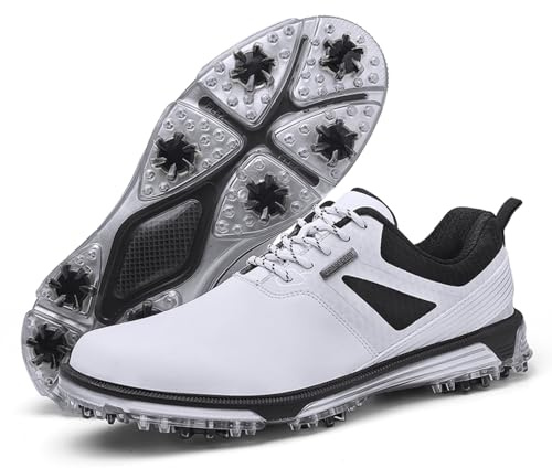 KESCOO Waterproof Golf Shoes Men Professional Spiked Golf Footwear Lightweight Outdoor Comfortable Golf Training Sneakers, White 44