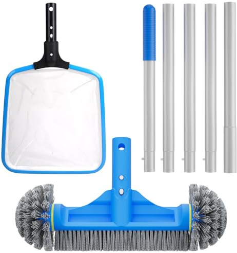 TidyMister 3PCS Cleaning Kit - 12.5'' Brush With Round End & 11'' Skimmer Net Fine Mesh & 5.7 Feet Thick Aluminum Pole 5-Segment, for Above Ground & Inground Pools Ponds