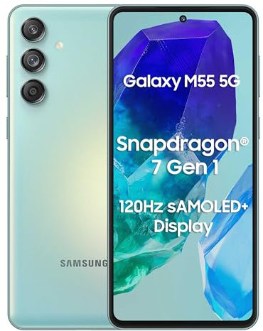 Samsung Galaxy M55 5G (Light Green,8GB RAM,256GB Storage) | 50MP Triple Cam| 5000mAh Battery| Snapdragon 7 Gen 1 | 4 Gen. OS Upgrade & 5 Year Security Update| Super AMOLED+ Display| Without Charger