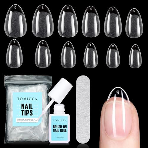 TOMICCA Nageltips für Gelnägel mit Nagelkleber Set, 240 Stücke Kurze Mandel Künstliche Nail Tips & 7g Kleber Set, Professionelle Salon Qualität, 12 Größen