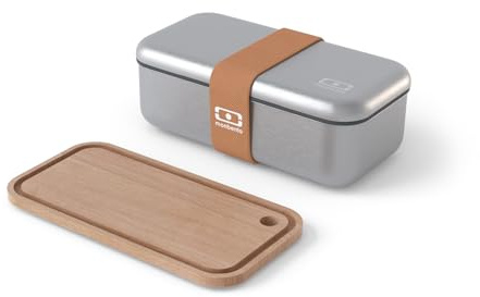 monbento - Lunch Set to Go Canyon – Microwave Safe Stainless Steel Bento Box MB Sense + Travel Cutting Board Compatible with The Lunch Box Metal - Perfect for Picnic/Work - Metal & Wood