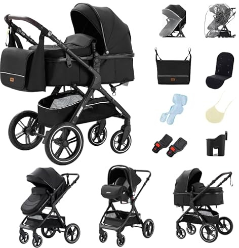 GLOKID Passeggino 3 in 1，Passeggino Canne，Trio，Con Seggiolino Accessori，Adattatori universali，Passeggino per bambini fino a 25 kg，4 ruote con ammortizzatori，navicella，grandi ruote (x1 nero)