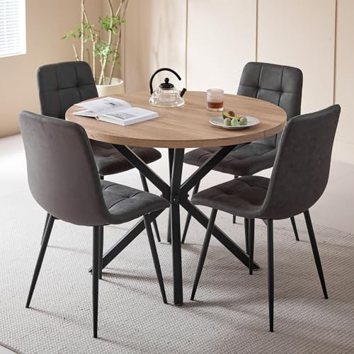 DEYARNA HOME Matgrupp 5-delad, 100 cm Rund matbord och 4 stolar i konstläder för matsal, bord och 4 stolar för kök, vardagsrum, balkong, restaurang, kontor (Ljus träfärg + Mörkgrå)