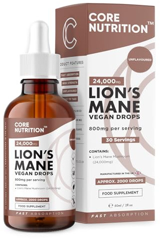 Lions Mane Supplement Liquid Drops by Core Nutrition - High Strength of 24,000mg per 60ml Bottle - Vegan - 1 Month Supply of Lions Mane Extract - Made in UK