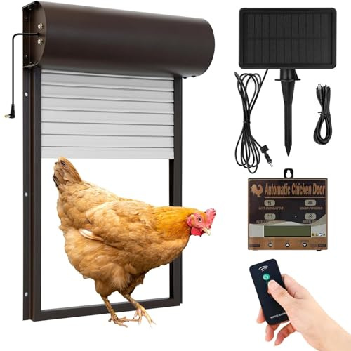 CISSIYOG Automatische Hühnerklappe Solar, Elektrische Hühnerklappe Automatisch Hühnertür mit Timer, Solarpanel, Fernbedienung, Manuelle, Intelligenter Einklemmschutz - Braun