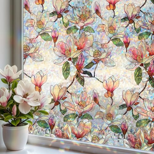 Mgood Pellicola per Vetri Finestre 30x100cm Motivo di Magnolia Rosa, Effetto Arcobaleno, Pellicola Decorativa Elettrostatica per Vetri Privacy per Casa Cucina Ufficio