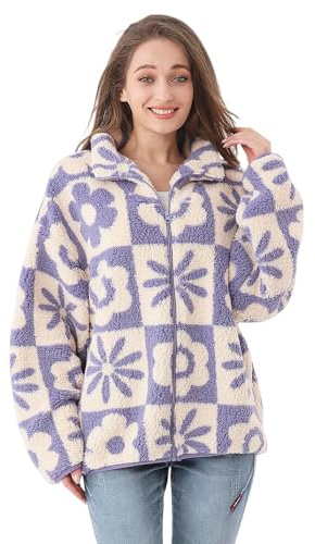 RONGTAI Dam blommigt tryck sherpa fleecejackor casual långärmade ytterkläder dragkedja beskuren kappa vinterjacka XS-XL