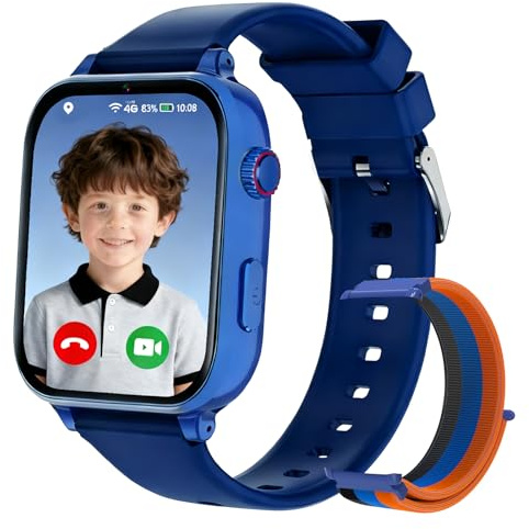 Smartwatch Niños con GPS y Llamadas, Reloj Niños con 4G Telefono, SOS, Chat de Voz, Videollamada, WIFI Modo Clase Cámara Podómetro Juegos Calculadora, Reloj Llamadas Niño Niña de 4 a 12 Años, Azul