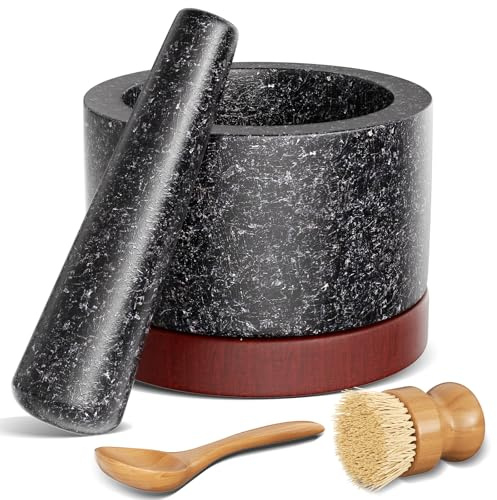 Mortero y Maja de Cocina, molinillo de especias y hierbas, triturador de pastillas, prepara guacamole fresco en casa, tazón de piedra maciza para moler (negro A, Grande)