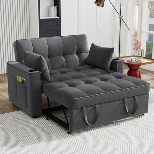 Divano letto pieghevole a 2 posti, lunghezza 137 cm, con 2 portabicchieri, 2 cuscini, schienale regolabile su 3 livelli, tasca laterale per riviste e controller, rivestimento in velluto, grigio