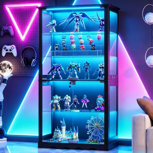 70.9″ Glass Display Cabinets with Lockable & Lights for Collectibles,Black