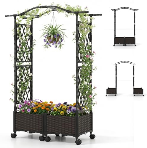 COSTWAY Fioriera Rialzata con Graticcio e Tetto, Irrigazione Automatica e Ruote Bloccatili, Letto da Giardino Rialzato in Rattan Impermeabile per Piante Rampicanti, Fiori ed Erbe (Marrone)