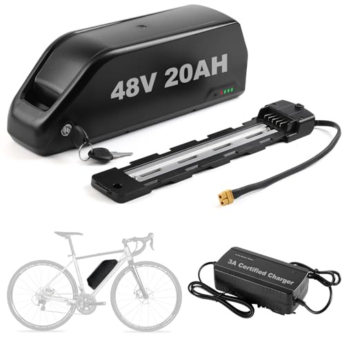 48V 20Ah E‑Cykel Batteri Med 3A Laddare, 5‑Pin Fotplatta För 250W‑1500W Motor, Hög Kapacitet Hailong Underrör Litiumjonbatteri