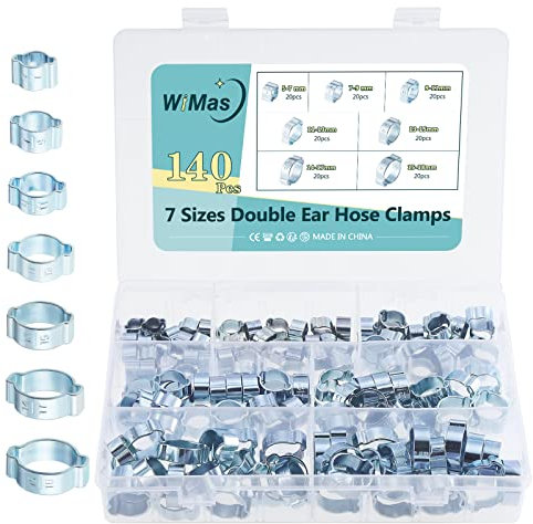 WiMas 140PCS 7-20mm Réglable Double Oreille Pinces À Tuyaux Tube Attaches, Tuyaux Clips O Clips Assortiment Kit