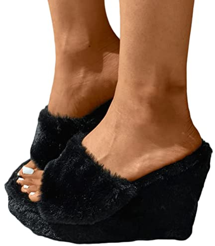 Minetom Pantoufle Femme Chausson Peluche Chaud Slippers Compensé Fourrure Sandal Bout Ouvert Accueil Chaussures A Noir 38 EU