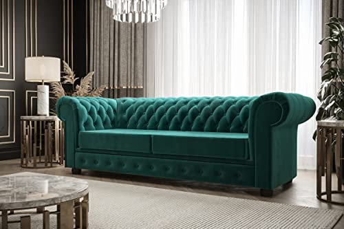 Möbel Gorecki | Chesterfield-Sofa Zweisitzer-Sofa 2-Sitzer Couch mit Holzfüßen Polstersofa Glamour Manchester II 188 cm (Sofa Schlaffunktion + Kristalle), beige Schwarz Cremig Graues Rosa Gelb