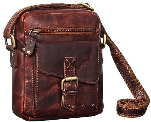 ROYALZ 'Knoxville' kleine Ledertasche Herren Vintage Männer Umhängetasche Mini Messenger Bag Schultertasche klein, Farbe:Roma Cognac Braun