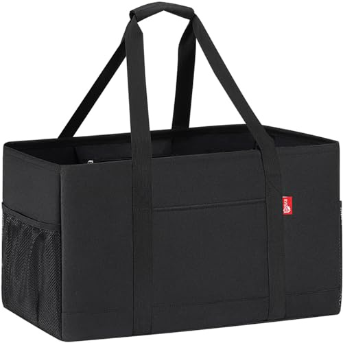 RVSNQ Extra Large Utility Tote Bag, Foldable Reusable Grocery Bags with Metal Wire Frame & Reinforced Bottom Board, Stand Up Large Utility Tote for Shopping, Beach Bag, Laundry, Car (Black)