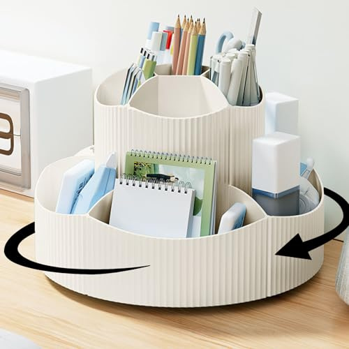 SAMSYOKI Drehbarer Stiftehalter, 360°Drehbar Schreibtisch Organizer Rotation Stifthalter mit 11 Fächer Große Kapazität Stiftköcher Aufbewahrungsbox für Stifte Bürobedarf Schulbedarf Kosmetik(Weiß)