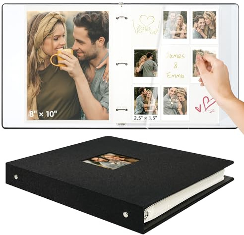 Vienrose Photo Album Self Adhesive 3 Ring Binder Photo Albums, Linen Cover Scrapbook Album, Photo Album Book with Sticky Pages Fit 2x3 4x6 5x7 8x10 Photos (Black, 20 Sheets/ 40 Pages)