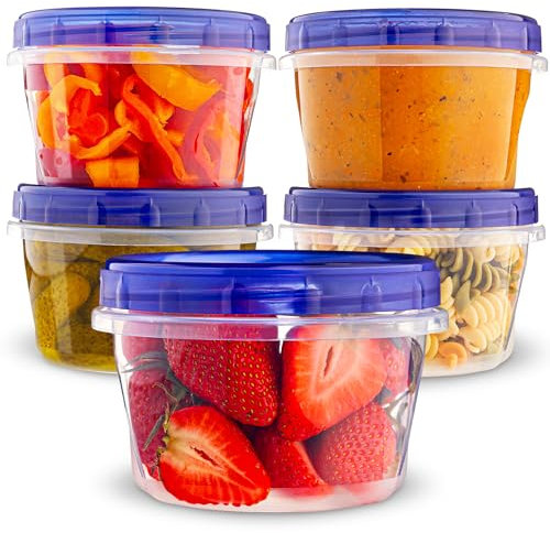 Lot de 5 boîtes alimentaires en plastique avec couvercles à visser – (473,6 g) – Boîtes de conservation alimentaire à emporter – Passent au micro-ondes, congélateur et lave-vaisselle sans BPA