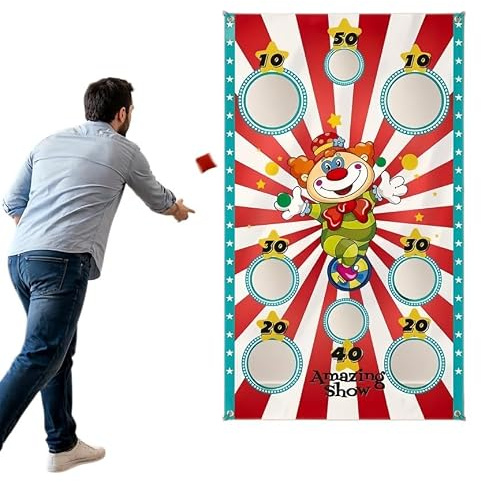 Banner per Gioco di Lancio del Clown di Carnevale con 3 Sacchetti di Fagioli - Decorazioni e Attività per Feste di Circo per Bambini e Adulti - Ideale per Festival (140 * 80 cm)