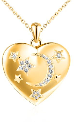 Cuore Luna Stella Portafoto Medaglione Collana Argento 925 Ragazze Collana di Foto Personalizzata con Scintillante Zirconi Sognante Ciondolo Portafoto Collane Regali per Fidanzata Moglie Figlia Oro