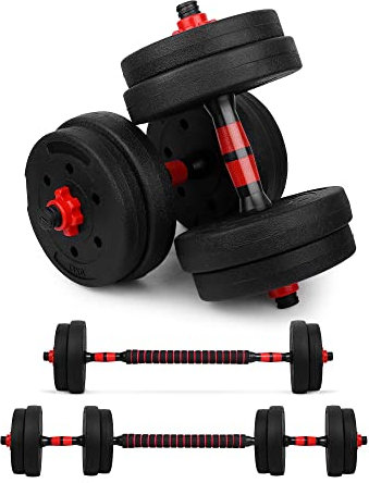 wuuhoo® 2in1 Fitness Hantelset Jimmy, 30mm Kurzhantelset Kurzhantelstange und Langhantelstange mit Gewichten, Fitnessgerät aus Kunststoff für Zuhause, HomeGym - 15kg - rot