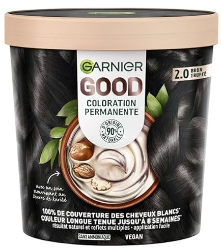 Garnier - Coloration Permanente - Sans Ammoniaque - 90% d'Ingrédients d'Origine Naturelle et Formule Vegan - Beurre de Karité - 100% Couverture Cheveux Blancs - Brun Truffé (2.0) - Good