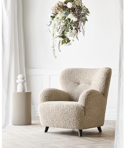 Lunaro Loungefåtölj i Polyester, Beige Sherpa Tyg, Modern Accent Stol med Svarta Ben, Vardagsrumsmöbel