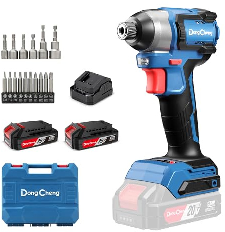 Dong Cheng 20V 1/4 Hex Brushless Impact Driver, 165N.m Cordless Impact Driver with 2X 2.0Ah Batteries,3-Speed, 125mm Compact Impact Driver for Cabinetry, Deck Building & HVAC Installation