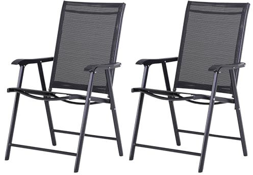 Outsunny Set 2 Sedie da Giardino Pieghevoli con Braccioli, Sedie per Pranzo da Esterno in Metallo e Texteline, da Patio, Balcone, Terrazza, Esterno e Interno, 58x64x94cm, Nero