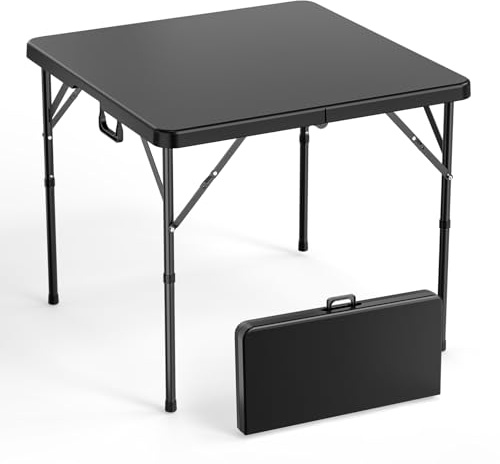 Bonnlo 34in Square Folding Table, Portable Plastic Picnic Table for Camping | HDPE Foldable Top, 150kg Capacity, Rust-proof Frame, Indoor/Outdoor Use For Party, BBQ, Wedding,Black