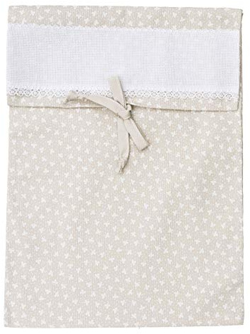 Filet - Sacchetto Porta Corredino con Fascia in Tela Aida 55 Fori da Ricamare, Realizzato in Piquet di Cotone Colorato Stampa Trifogli Bianchi, Made in Italy, Colore Tortora