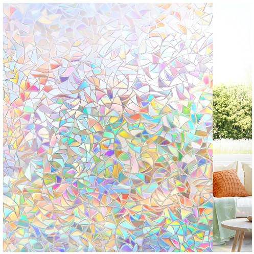LUTE Window Privacy Film, Rainbow Window Film, 3D Decorative Stained Glass Cling, Non-Adhesive Vinyl Static Cling Removable Glass Stickers, Sun UV Blocking Decal Covering for Home, 35.4 x 78.7 inches