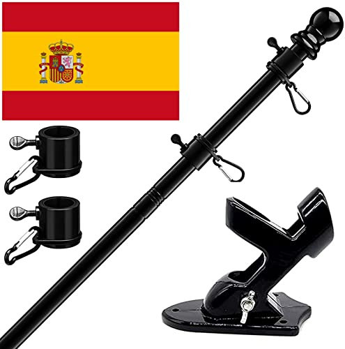 HORSE SECRET Kit de Mât de Drapeau en Aluminium Noir 180 cm, avec Support Mât de Drapeau en Acier Inoxydable à Fixe au Mur avec Anneaux Rotatifs/Comprend Drapeau Espagnol