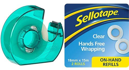 Sellotape 1766004 with Clever Tape Dispenser, 18mm x 25m & Refills, Extra Strong Adhesive Tape, Pack of 2 (18 mm x 15 m)
