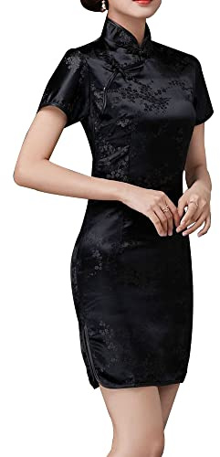 Cheongsam Kleid für Damen, Qipao, schmale Passform, Kurze Ärmel, figurbetont, Mandarinenkragen, Seitenschlitz, chinesischer Blumendruck, Drachenkleid, Schwarze Blume, Mittel