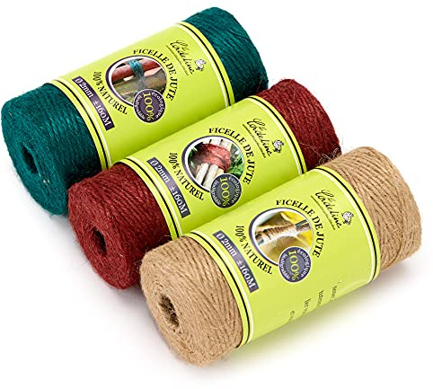 La cordeline Lot 3 Ficelles Jute Naturel 2mm ±160m - Coloris Naturel, Vert, Rouge Framboise