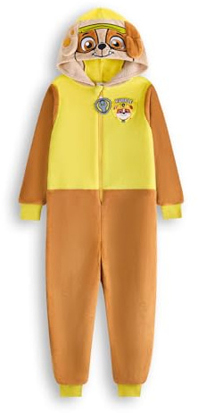 Paw Patrol Rubble Grenouillère pour Garçons & Filles | Pyjama Tout-en-Un pour Enfants en Marron & Jaune | Combinaison de Nuit Unisexe avec Capuche Brodée et Oreilles 3D