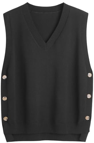 SUNSESS Gilet Maglione da Donna Scollo a V Senza Maniche Pullover Jumper Gilet a Maglia Bottoni Laterali Asimmetrico Canotte a Costine, Nero , 3XL