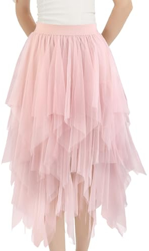 Soudittur Falda Tul Mujer Tutu Irregular Bajo la Falda Plisado A-Line Midi Larga Falda Costumes de Carnaval Halloween(Rosa)