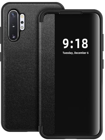 Hülle für Samsung Galaxy Note 10 Plus Handyhülle S View Note 10+ Flip Case Stoßfest Kratzfest Tasche Flip Schutzhülle für Samsung Note 10 Plus, Durchscheinend View Silikon Bumper Handyhülle (Schwarz)