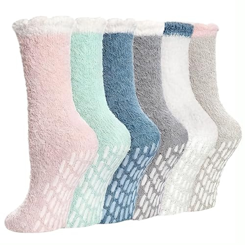 MAILEKT 6 paires Chaussettes Pilou Pilou Femme, Chaussettes Chaussons Antidérapante, Chaud pour l'hiver, Polaires, Taille Unique 35-42