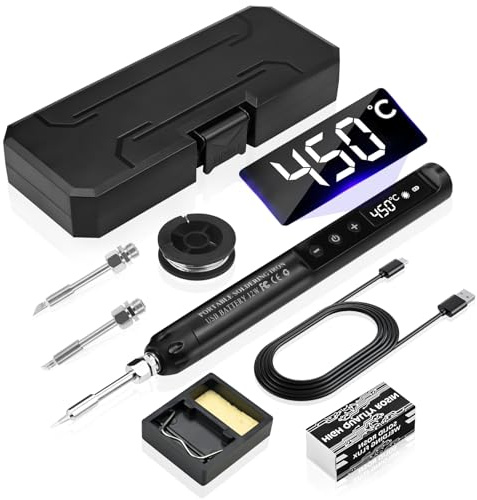 Cordless Soldering Iron Kit with LCD Display - Rechargeable USB C Soldering Iron with 3 Tips Adjustable Temperature 200°C - 450°C, Electric Portable Soldering Irons Pen Welding Kit (Black)